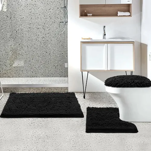 Vista 2 de Juego de 3 alfombras de baño de felpilla ultrasuave, antideslizante y súper absorbente, parte inferior de PVC fuerte, lavable a máquina, para Negro
