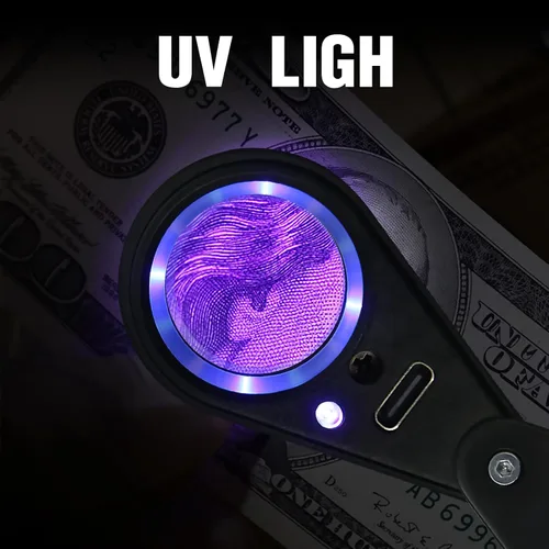Vista 2 de Lupa iluminada de metal completo de 30X con cuatro modos de iluminación, plegable de bolsillo, lupa de ojo de 0.866 in, triplete, lente de mano 30x