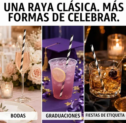 Vista 7 de ALINK 100 Black Striped Paper Straws, 7.75 in Black and White Straws Rayas negras