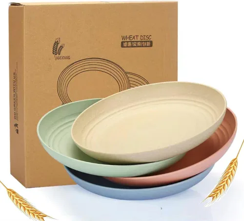 Vista 10 de K Y KANGYUN Platos de Cena de Paja de Trigo Irrompibles de 10 Pulgadas, Juego de 4 - Aptos para Lavavajillas, Perfectos para Acampar y Platos