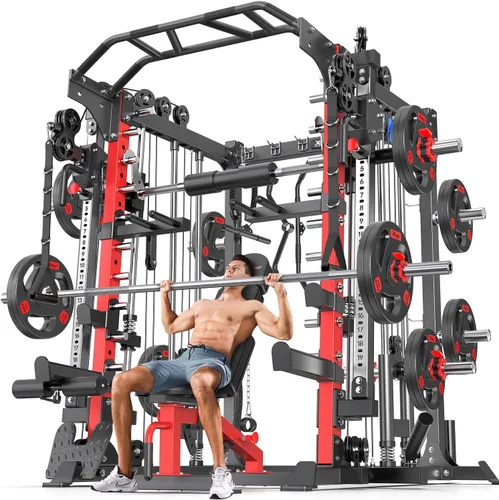 Vista 26 de Máquina Smith con sistema de cruce de cables, jaula de potencia multifunción para sentadillas y rack de potencia para gimnasio en casa, rack de Negro