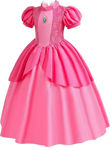 Vista 4 de MOAGIS Disfraz de princesa melocotón para niñas, disfraz de Halloween con guantes de corona, vestido rosa
