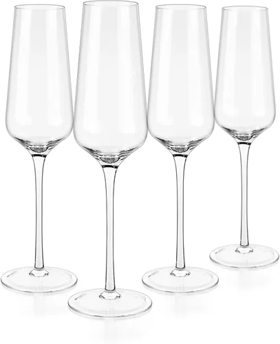 Vista 5 de Copas de copa de cristal de champán, juego de 4 copas de vino modernas y elegantes, sopladas a mano - Buenas para bodas, aniversarios, Navidad - 12