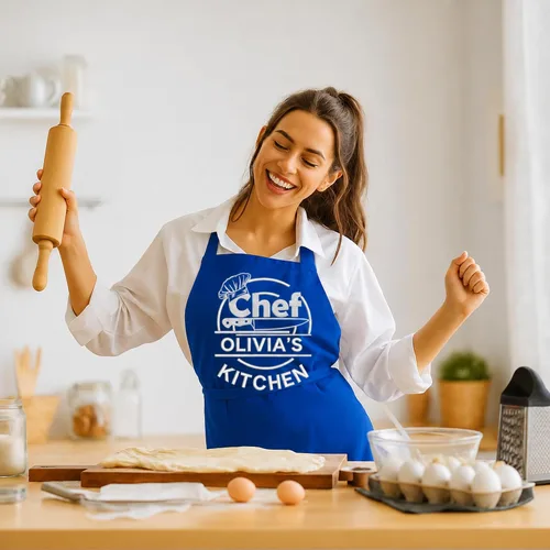 Vista 8 de Delantal bordado personalizado con nombre personalizado. Delantal de calidad profesional para hombres y mujeres. Diseño de cocina