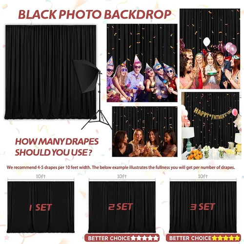 Vista 4 de Cortina de fondo negra: 2 paneles de 5 pies x 10 pies - Cortina de fondo de fotos de poliéster para escenario de boda, fiesta de cumpleaños