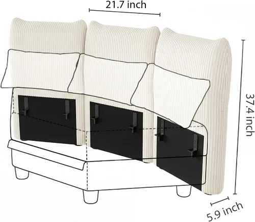 Vista 2 de LLappuil Respaldo grande para sofá modular modular con ángulos ajustables, caja D, solo compatible con caja C, pana beige Tool Free Assembly