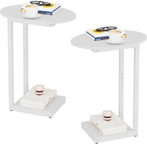 Vista 10 de Hosfais Mesa Auxiliar Pequeña, Mesa de Extremo en Forma de C, Mesa de Café de Madera para TV, Bandeja para Comer, Mesas para Sofá de Espacios Negro