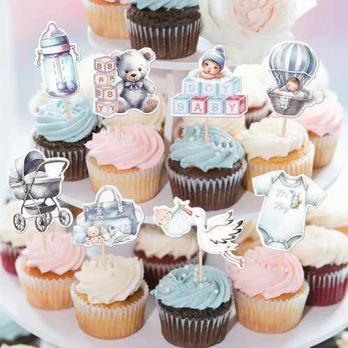 Vista 4 de 40 PIEZAS Oh Baby Cupcake Toppers Cisne Chupete Mameluco Carrito de Bebé Oso Niña Cupcake Picks Es un Niño Decoraciones de Baby Shower para Niños
