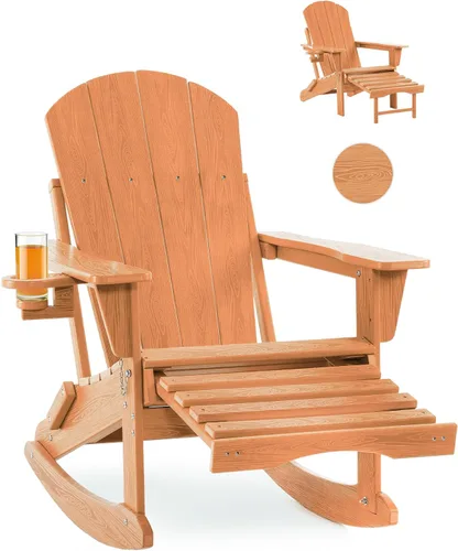 Vista 13 de Mecedora plegable Adirondack, silla de patio multifuncional 4 en 1 con otomana retráctil, silla de exterior con textura de madera, silla de césped