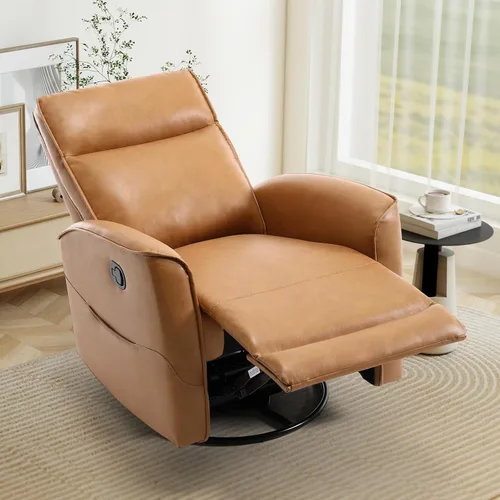 Vista 9 de CANMOV - Silla reclinable de piel sintética, silla reclinable giratoria de 360°, reclinable manual para espacios pequeños, sala de estar Marrón