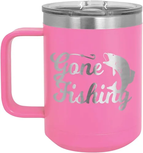 Vista 9 de GONE FISHING Taza de café negra de 15 oz con tapa deslizante Taza de café de viaje aislada Ideas de regalos de cumpleaños o Navidad de mujeres u
