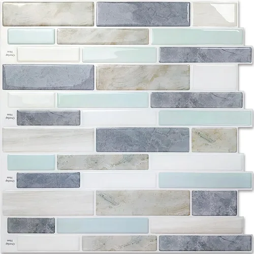 Vista 9 de Vamos Tile 10 azulejos autoadhesivos en lámina para loseta en muro, 12 x 12 pulgadas, diseño de color claro, para loseta en muro de cocina y baño