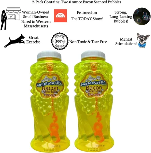 Vista 2 de Burbujas para perros – Bubbletastic - Burbujas perfumadas de tocino – Paquete de 2 – Incluye varitas. 16 onzas en total