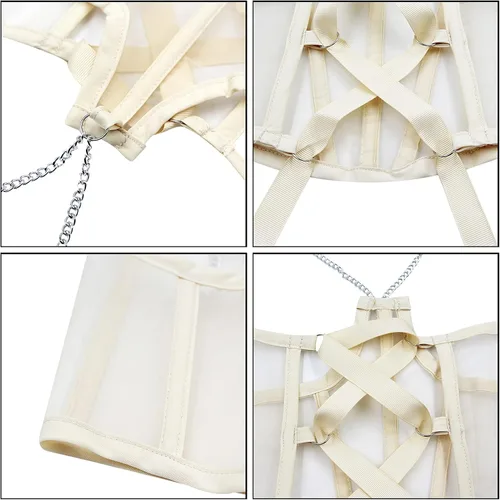 Vista 7 de JUMISEE Corsé de malla transparente para mujer, con cordones, cadena de metal, con huesos, cinturón ancho