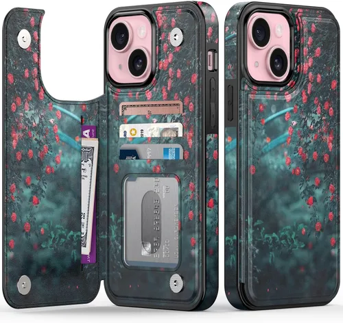 Vista 199 de FUNMIKO Funda tipo cartera para iPhone 15 con tarjetero + clip para efectivo, bloqueo RFID, protección contra caídas de grado militar y obras