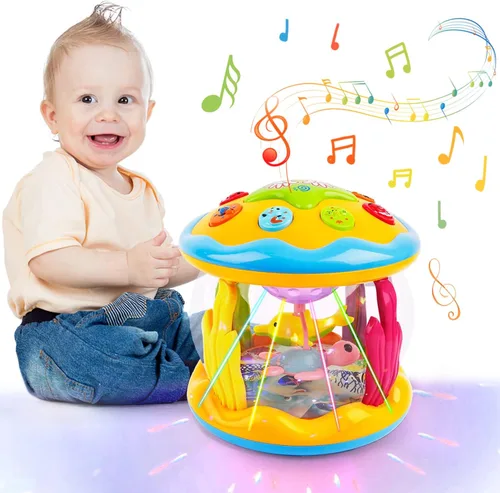 Vista 7 de Poycuna Juguetes para bebés niñas de 6 a 12 meses, juguetes musicales con luz que rotan en el océano, juguetes para tiempo boca abajo, juguetes