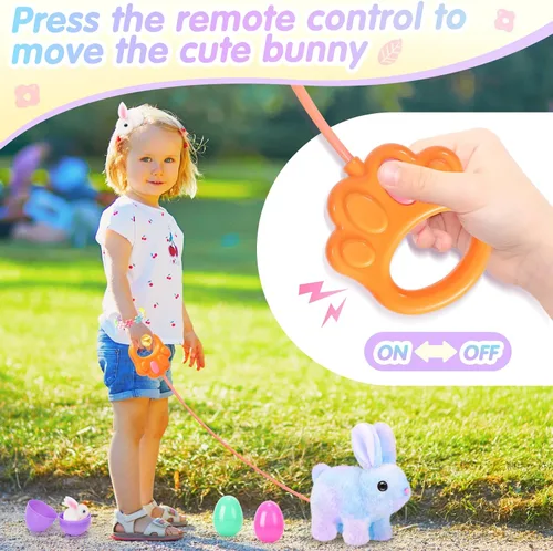 Vista 4 de CatchCute - Conejitos de peluche de Pascua para niños, conejo interactivo con sonidos, puede caminar y mover la cola con correa de control remoto
