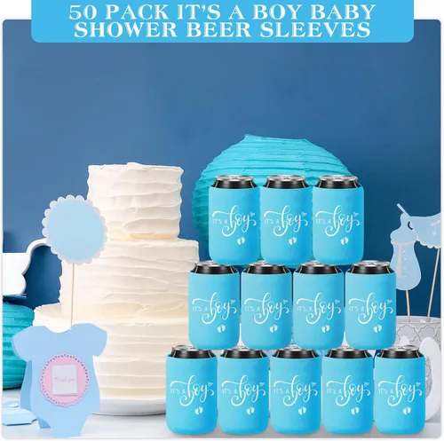 Vista 7 de Mifoci 50 piezas de decoración de baby shower, mangas de cerveza para revelación de género, fundas de cerveza para revelación de género, fundas