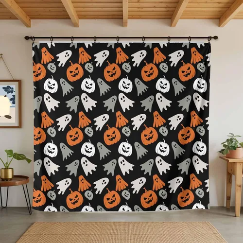 Vista 6 de Tapiz de Halloween para colgar en la pared, fantasma, monstruo de calabazas, tapiz estético lindo de dibujos animados naranja para dormitorio, sala