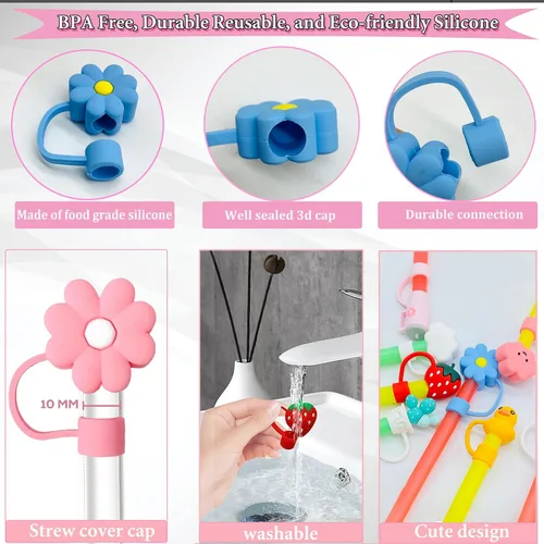 Vista 4 de 10 fundas de popote compatibles con vasos Stanley de 30 y 40 onzas, reutilizables, bonitas puntas de silicona para popotes, protectores de tapas