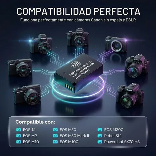 Vista 6 de BM Premium Batería LP-E12 para cámaras digitales Canon EOS-M, EOS M2, EOS M10, EOS M50, EOS M50 Mark II, EOS M100, EOS M200, SX70 HS, Rebel SL1