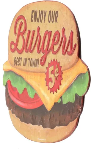 Vista 2 de Enjoy Our Burgers - Letrero de metal en relieve – Letrero vintage de hamburguesas para cocina o cueva de hombre, lo mejor de la ciudad