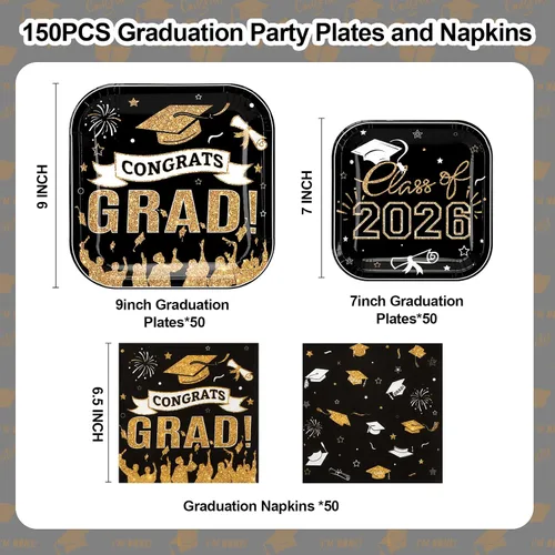 Vista 3 de Decoraciones de graduación 2026, suministros de fiesta de graduación negro y dorado con platos de papel desechables de 9 pulgadas, platos de postre