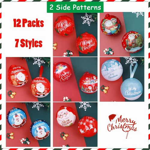 Vista 4 de Paquete de 12 cajas de bolas de caramelo de Navidad, decoración para colgar, hojalata de bolas de árbol de Navidad, frascos colgantes