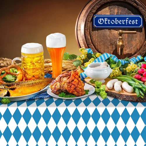 Vista 5 de 1 Pack Bavarian Oktoberfest Disposable Tablecloth Decorations, Plastic Rectangle Blue and White Bavarian Flag Check Table Cover, Oktoberfest