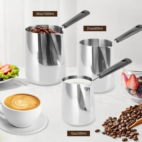 Vista 3 de Cafetera turca de 12 oz/11.8 fl oz jarra de espuma de leche para té, olla de fusión de mantequilla Jarra toroide de flores de acero inoxidable
