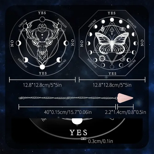 Vista 3 de AHANDMAKER Juego de tablas de péndulo de bruja acrílica, 2 estilos, planchette de radiestesia metafísico con collar de péndulo de cristal para altar