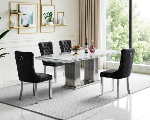 Vista 56 de Juego de 4 mesas de comedor blancas y doradas, mesa de cocina rectangular de 68 pulgadas con parte superior de mármol sintético blanco, mesa de Mesa