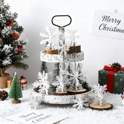Vista 6 de Blulu 24 piezas de decoración de copo de nieve de madera 3D blanco copo de nieve de mesa y centro de mesa, decoración de madera de invierno