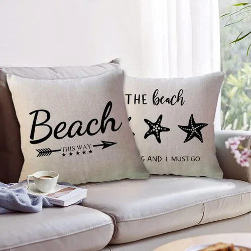 Vista 3 de ULOVE LOVE YOURSELF Juego de 2 fundas de almohada decorativas de playa negra con cita / estrellas de mar y estrellas de mar, fundas de almohada Negro