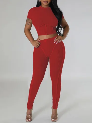 Vista 3 de acelyn Conjunto de entrenamiento casual para mujer, trajes de 2 piezas para verano, acanalados, manga corta, top corto y leggings de cintura alta