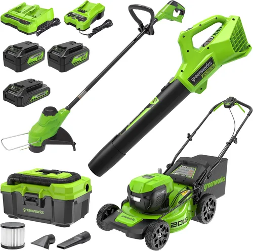 Vista 14 de Greenworks Juego de herramientas de jardín de 5 piezas de 48 V (24 V x 2): cortacésped de empuje de 20 pulgadas, recortadora de cuerdas de 12