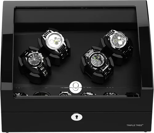 Vista 3 de TRIPLE TREE Enrollador de reloj para 4 relojes automáticos, con 6 almacenes adicionales de relojes, acabado de piano de carcasa de madera, motor