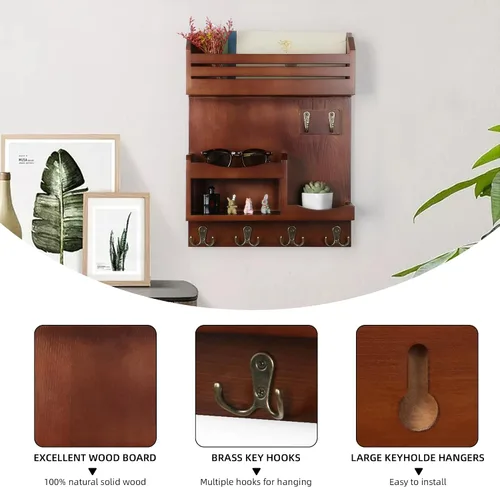 Vista 5 de Soporte para llaves de pared, organizador de correo montado en la pared con 6 ganchos de metal para llaves, estantes para decoración de entrada