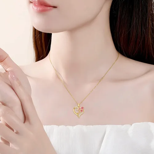 Vista 27 de Collar de flor de nacimiento de oro real de 14 quilates para mujer, oro amarillo creado moissanita con colgante de corazón, collares