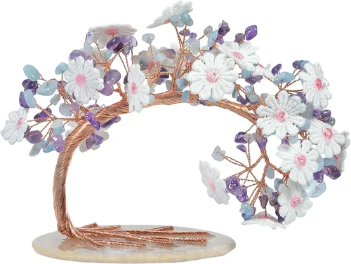 Vista 7 de Árbol de dinero con flores bordadas de cristal con base de ágata, buena suerte, Feng Shui, árbol bonsái para decoración de mesa de oficina en casa