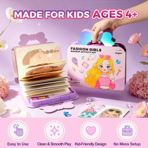 Vista 6 de Jar Melo Libros de actividades de maquillaje para niñas de 4 a 8 años, kit de manualidades 6 en 1 con arte de aluminio, calcomanías de gemas