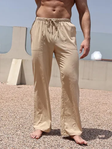 Vista 3 de WOWULOVELY Pantalones casuales de lino de algodón para hombre, holgados, ligeros, con cintura elástica, pantalones de yoga, playa, bolsillos