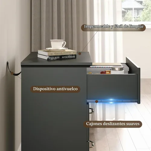 Vista 5 de Cómoda rústica de 3 cajones para dormitorio, cómoda moderna de 24 pulgadas de ancho con cajones profundos y asas de barra, mesita de noche de madera