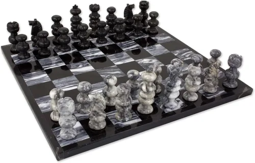 Vista 6 de NOVICA Juegos de ajedrez decorativos de mármol, negro, 'Glorious Battle