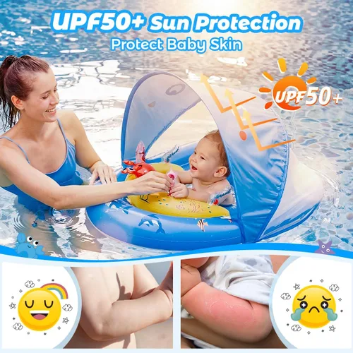 Vista 3 de LAYCOL Baby Pool Float with Canopy UPF50+, 120°Adjustable Sun Protection and Anti-Tip Safety Seat, Inflatable Toddler Floaties Infant Pool Float