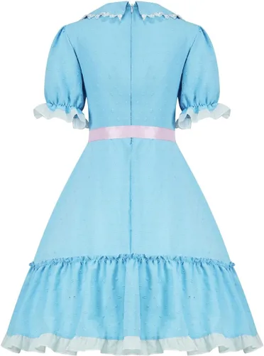 Vista 2 de Poboola Vestido azul para gemelos, disfraz de Halloween para adultos, espeluznante Lolita cosplay, vestido elegante, mangas abombadas, faldas