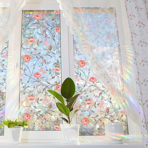 Vista 2 de Película de Privacidad de Ventana de Rosetón Retro, Calcomanías de Vidrio Emplomado Rosa Roja Calcomanías de Privacidad Arcoíris Sala de Estar