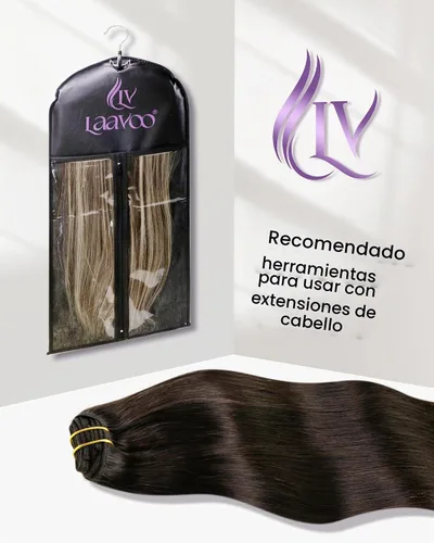 Vista 4 de LaaVoo - Extensiones de cabello humano con clip, cabello lacio color castaño oscuro , 22 pulgadas, 5 piezas, 2.82 oz