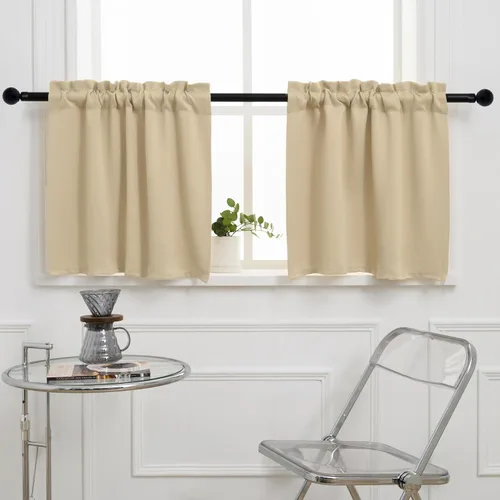 Vista 11 de Pickluc Cortina opaca de cocina de 20 pulgadas de largo, con bolsillo para barra, cortinas para ventanas pequeñas en sala de estar, sótano Beige