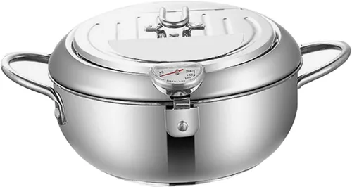 Vista 7 de Olla de acero inoxidable, sartén de aceite con termómetro, freidora de fondo plano desmontable de 7.9 in/9.4 in para anillos de calamar perfectos